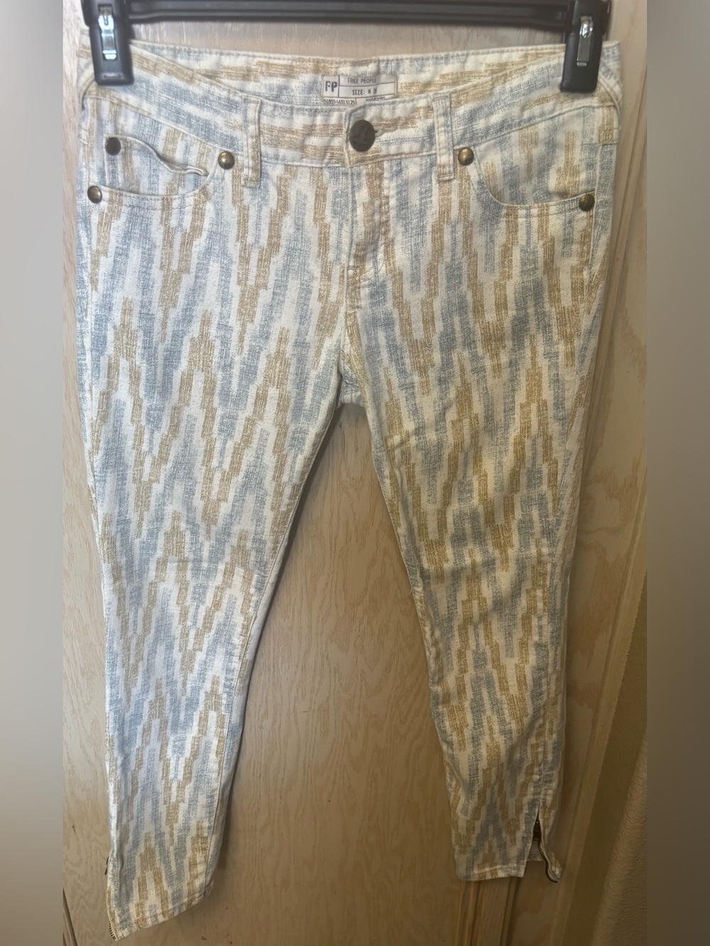 Free People Womens Zig Zag Zipper Crop Skinny Denim Jeans Beige Blue Brown Sz 26